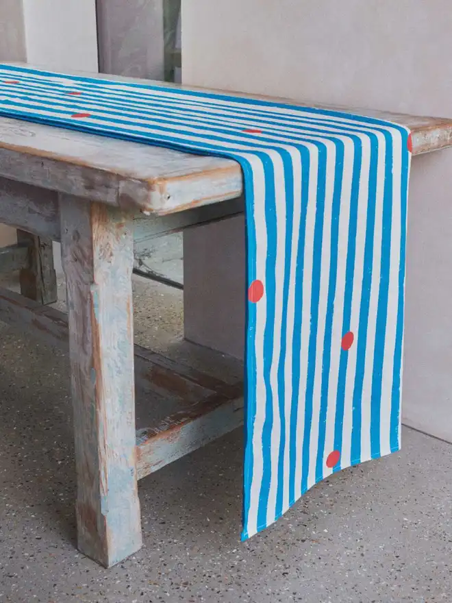Blue stripe red dot table runner 