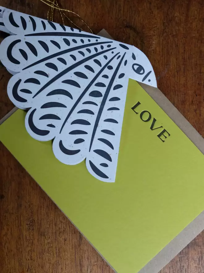 Green Love notecard and paper bird decoration to hang with gold thread.  