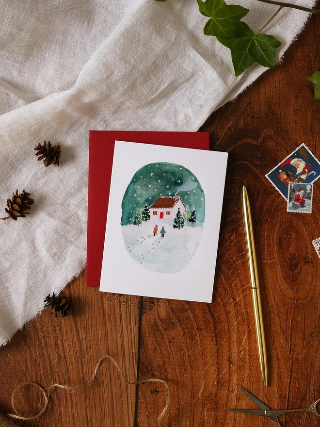 Snowy Winter House Scene Mini Christmas Card