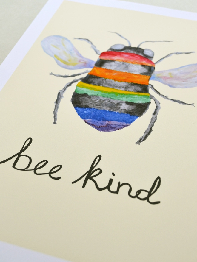 Close up of an art print saying 'Bee kind'