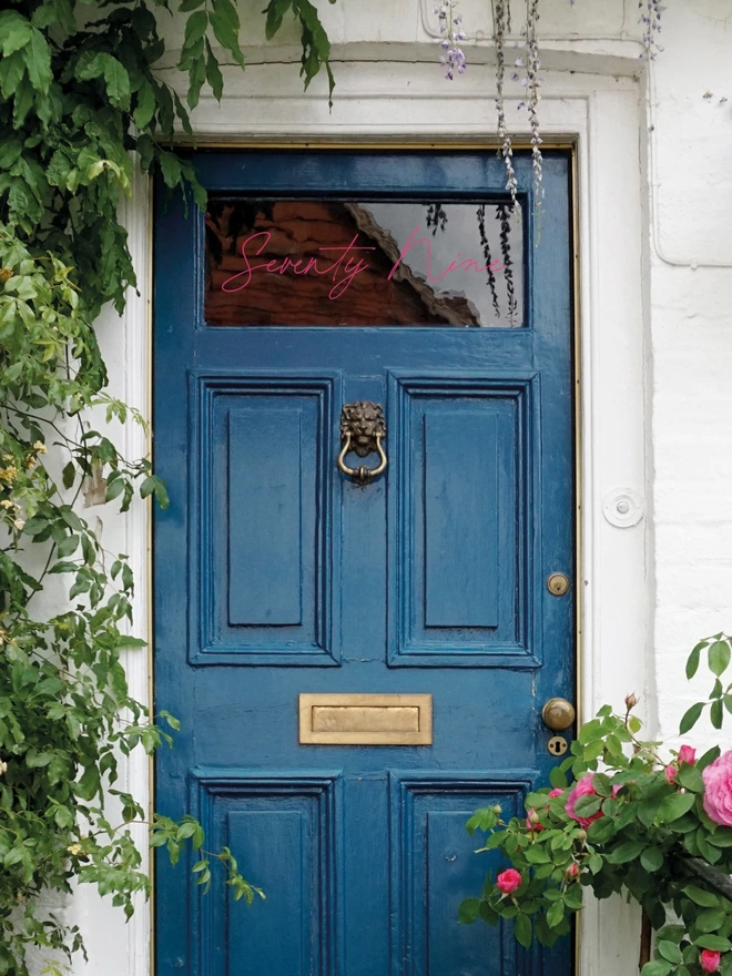Handwritten Script, Front Door Number Sticker Decal in red on window above a blue front door