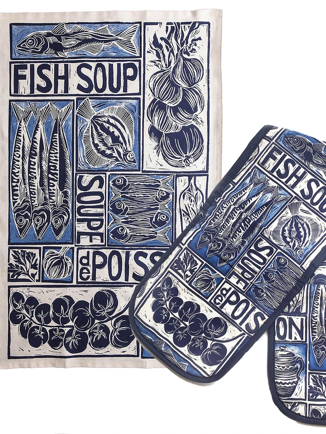Fish Soup Tea towel and Oven Glove linocut recipe Kate Guy