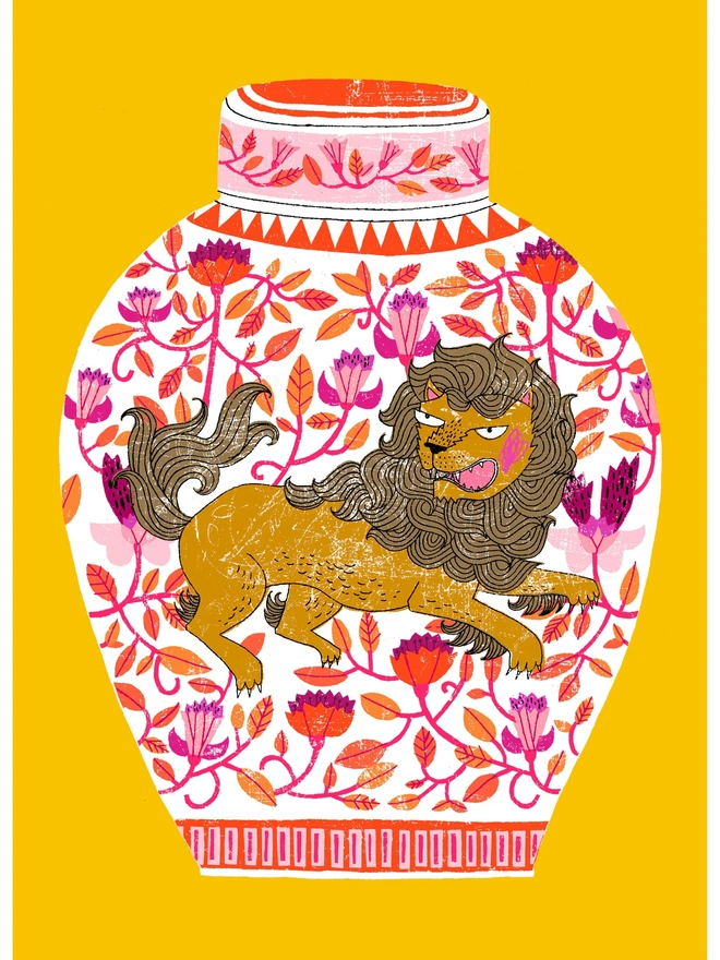 Lion Ginger Jar Lollapalooza Lion Jar, a colourful lion jar design on a yellow screenprint. 