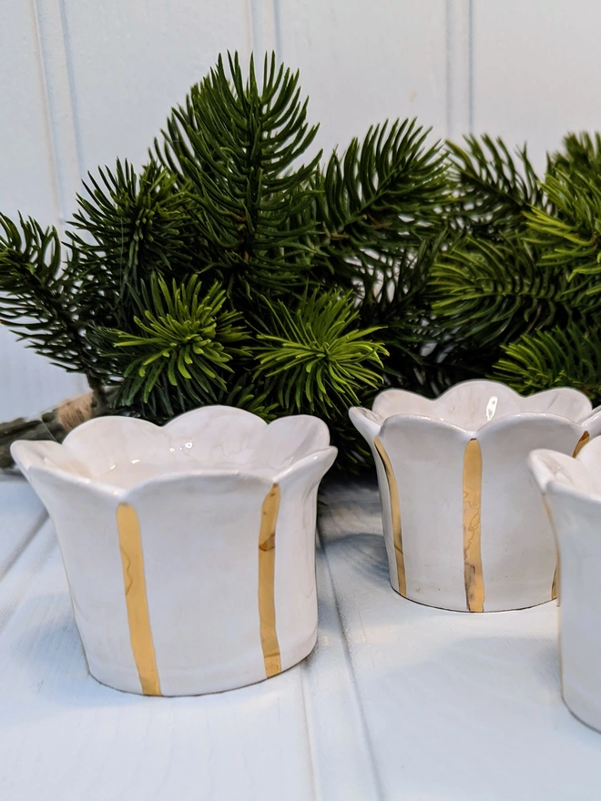 Gold striped tealight holder. Daisy range by Sea Bramble Ceramics 