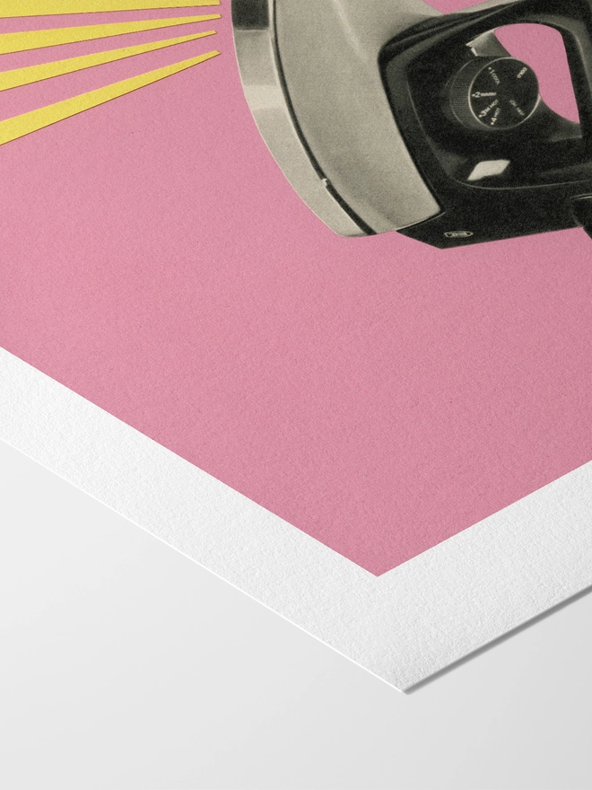  A print depicting a vintage iron against a pink background,