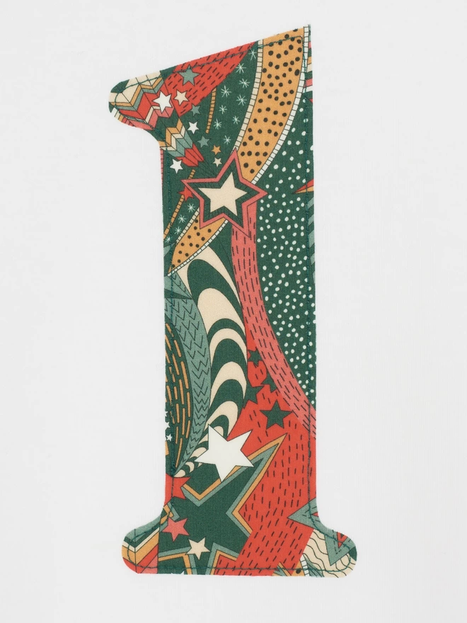 white long sleeve t-shirt with a number one sewn on in My Little Star Liberty print  close up of the stitching