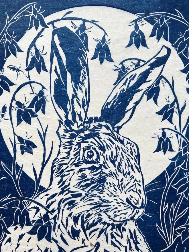 harebells and hare linocut print detail