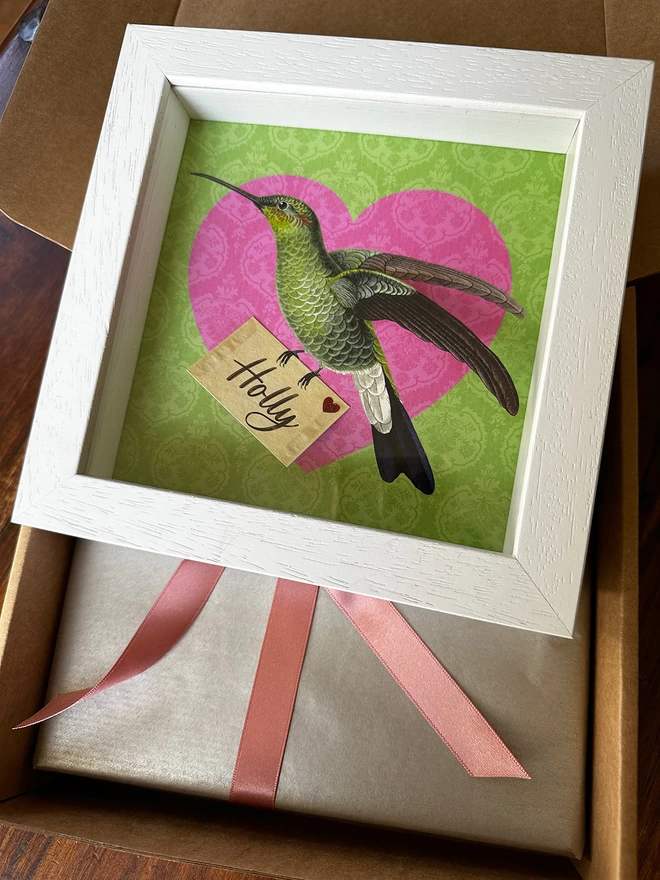 framed birthday personalised hummingbird print in white box frame, gift wrapped and ready to send to recipient direct