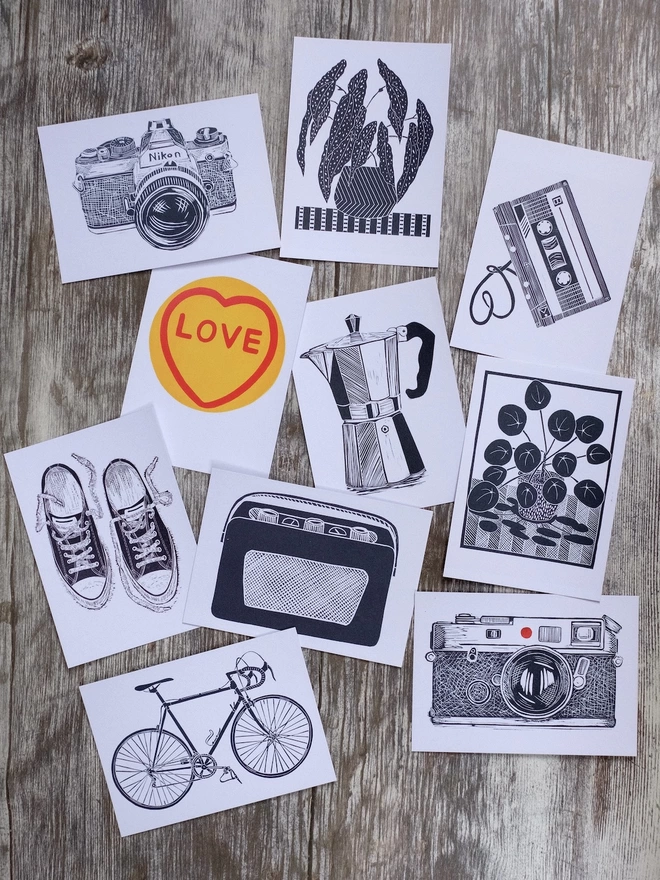 Pack of Ten Notecards with mixed Retro Images, taken from original lino prints.