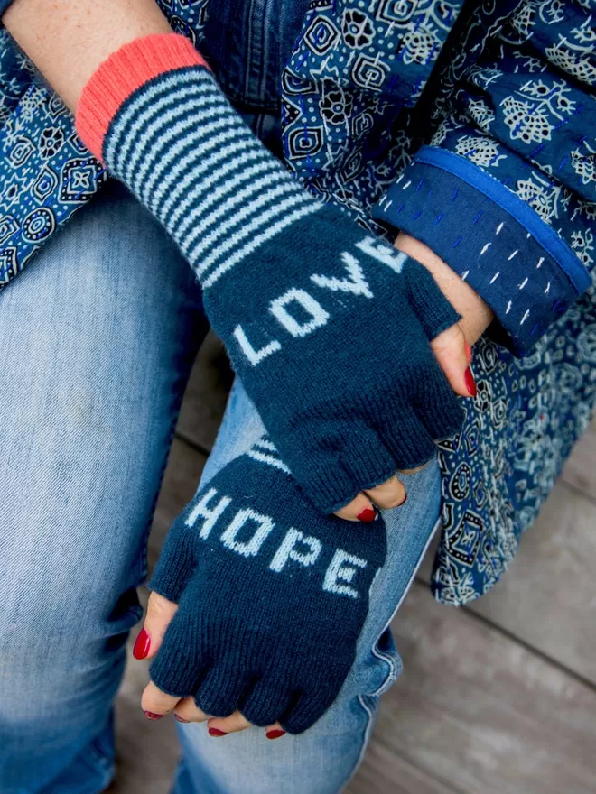 Fingerless Love Hope Gloves In Teal And Aqua 