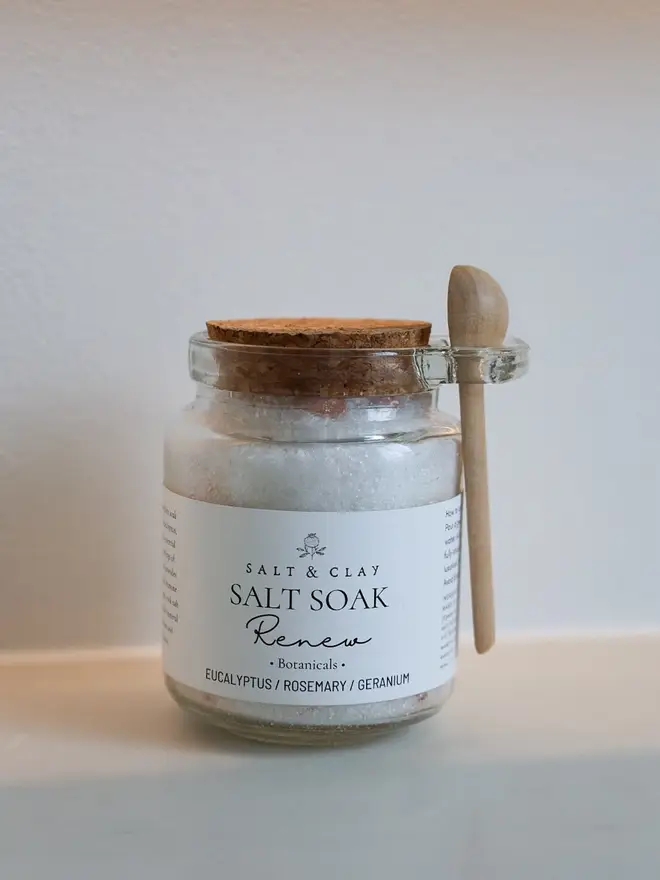 Spa inspired bath salts with essential oils of Eucalyptus, Geranium and Rosemary organic essential oils.