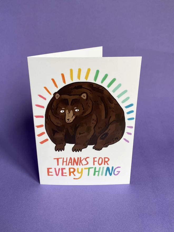 Chunky bear illustration with rainbow colours that reads Thanks for everything in hand drawn rainbow lettering