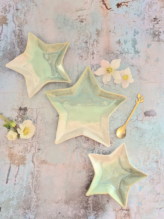 Set of star plates, star dishes, ceramic star plates, pottery star plates, Jenny Hopps Pottery, Tapas dishes, mezzo dishes, Green and white