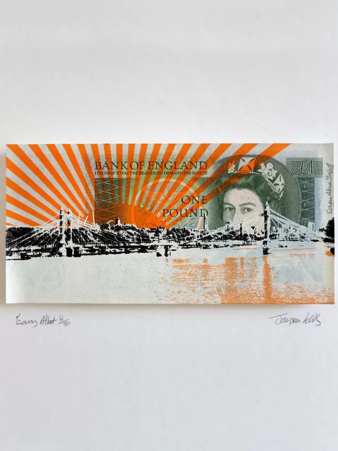One Pound British Bank Note with print of Albert Bridge on top in black, white and orange 