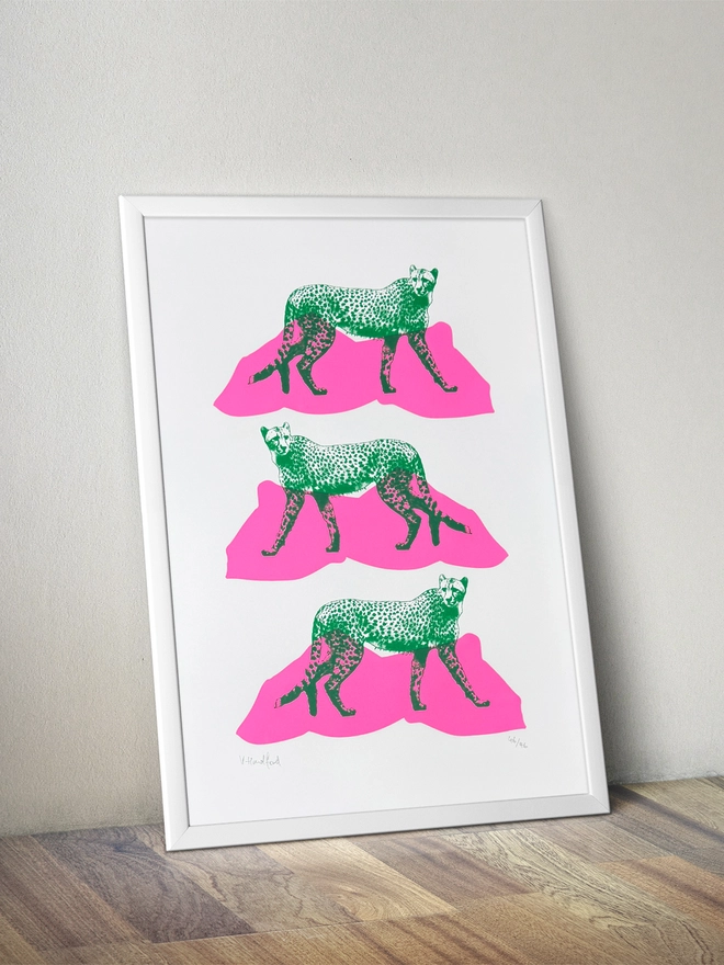 riple Cheetahs - Screen Printed Poster - mock up in a frame