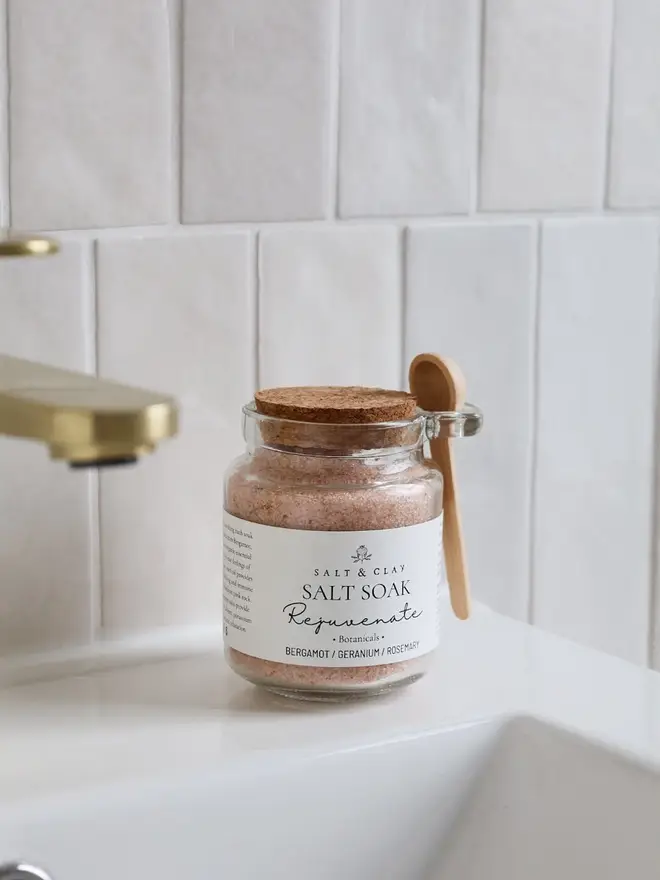 Spa inspired bath salts with essential oils of Bergamot, Geranium and Rosemary organic essential oils.