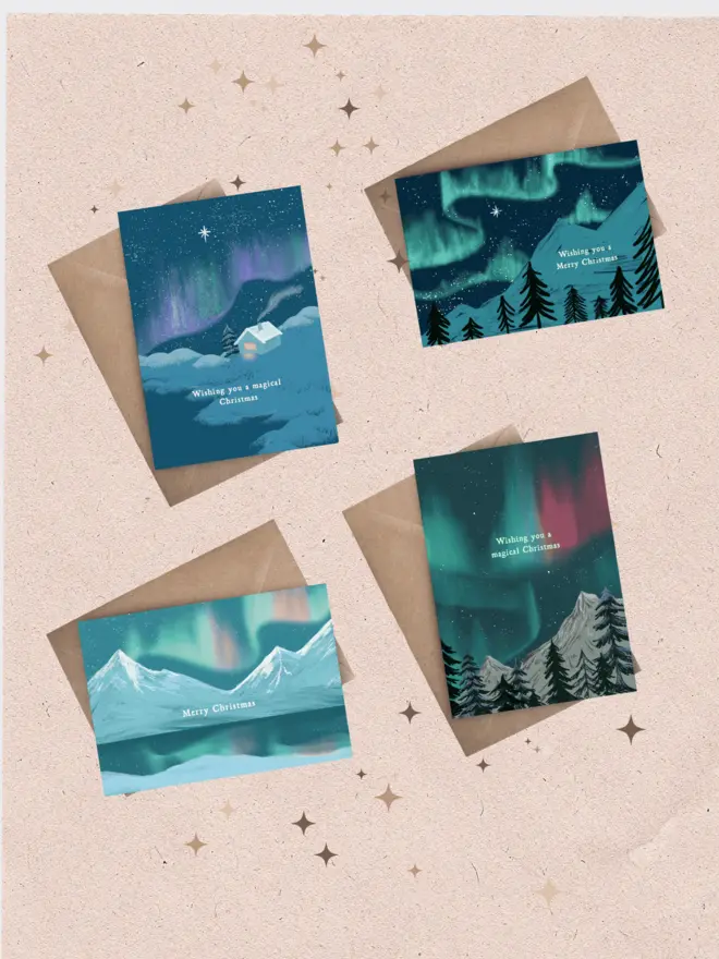 Set of 4 Northern lights Christmas cards
