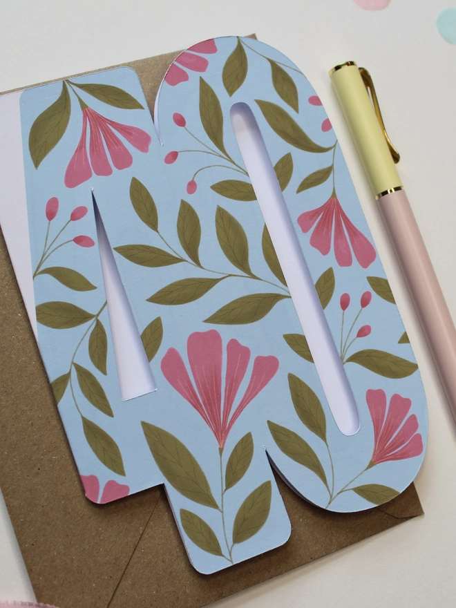 floral 40th birthday card. blue and pink floral card shaped like 40.
