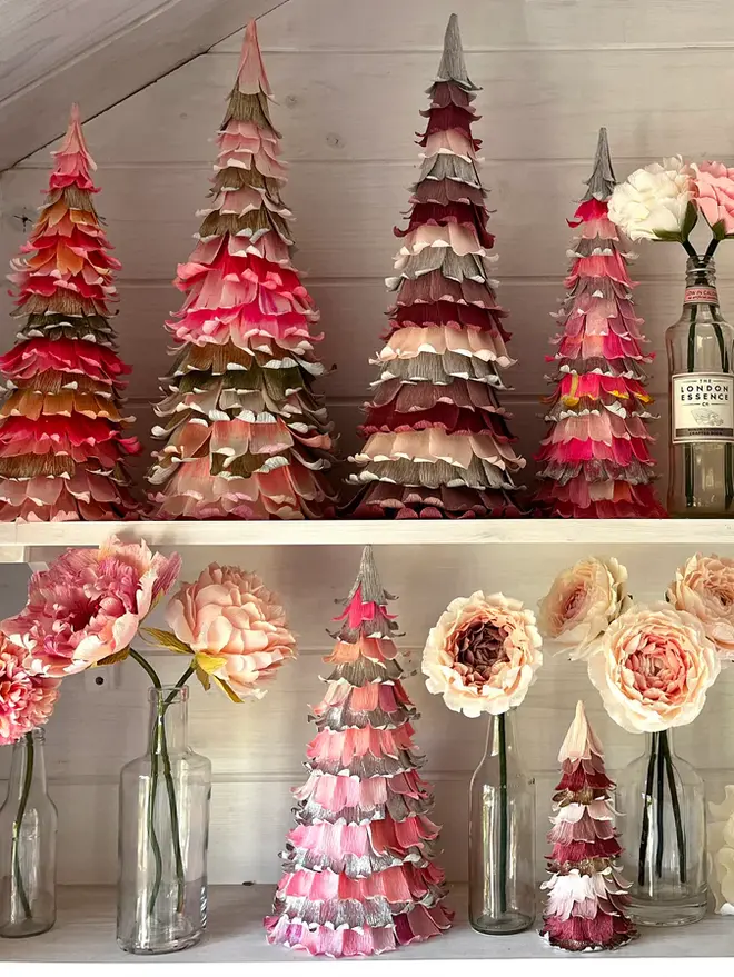 Coral Pink & Silver Crepe Paper Christmas Tree