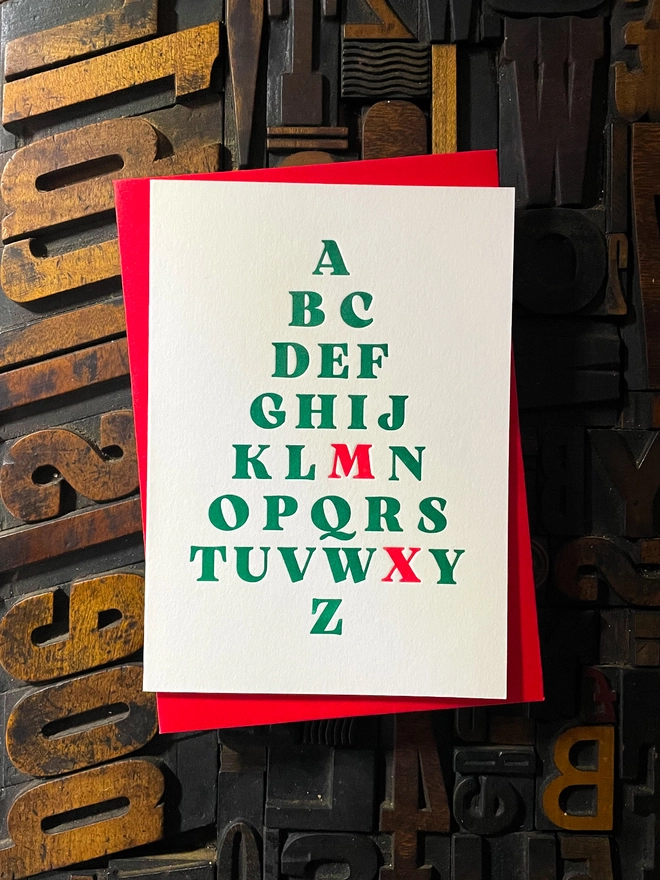 For all you typographers out there; an alphabetical Christmas tree hand printed on "Mary"; my vintage treadle Arab platen. A beautiful typographic letterpress Christmas card. Printed with rich inks with luxury matching and contrasting envelopes; ideal to send to your designer friends at the festive season