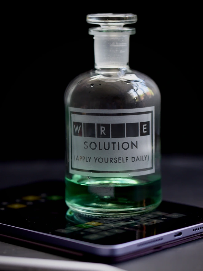 wordle solution etched apothecary glass bottle