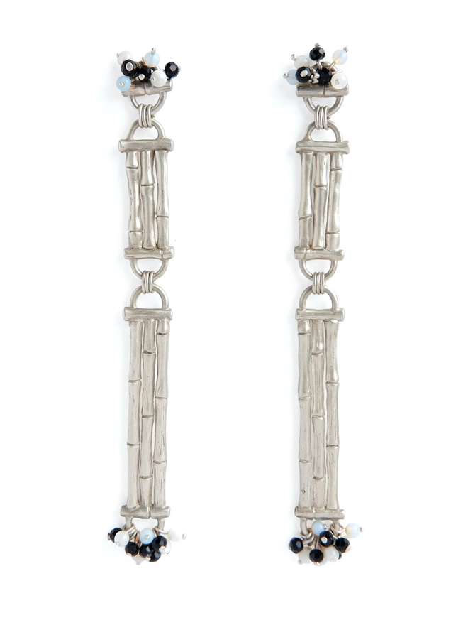 Sterling silver Bamboo bar drop earrings with black & white gemstone beads