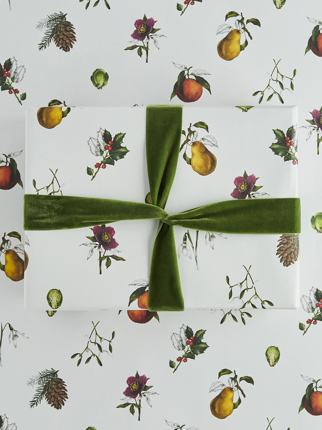 white base spaced out christmas pattern wrap with festive botanical elements 