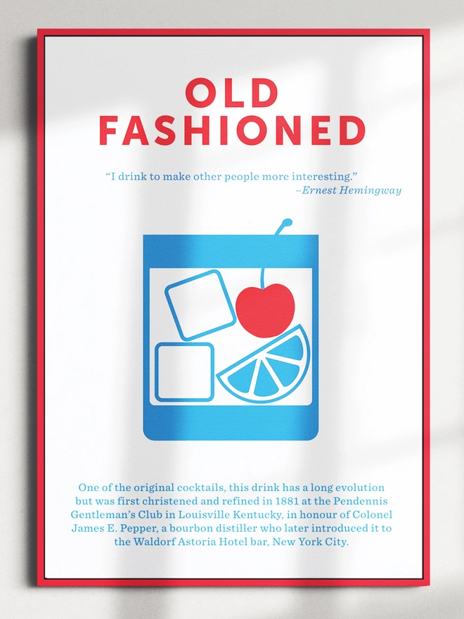 red and blue old fashioned cocktail screenprint
