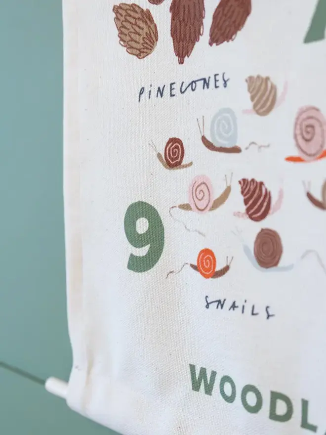 Woodland Numbers Fabric Banner, against a green wall. 
