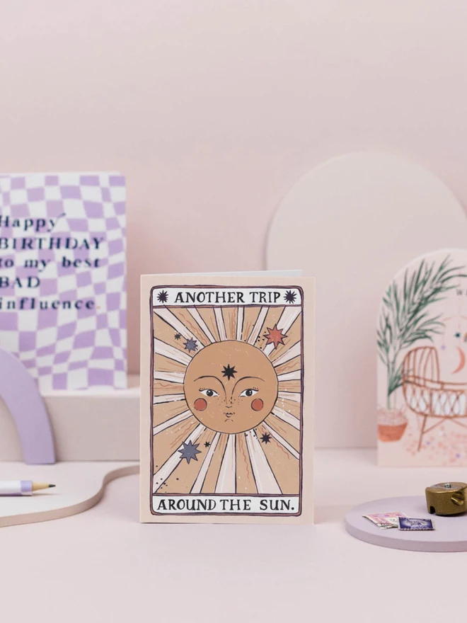 Tarot Sun Birthday Card styled with other Sister Paper Co greeting cards