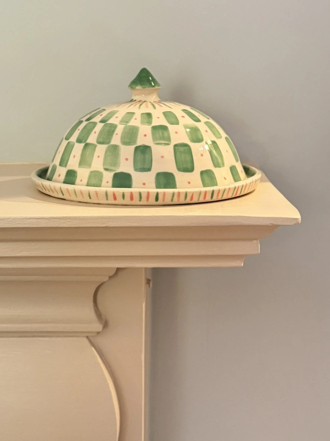 Green checkered hand painted and handmade ceramic butter dish