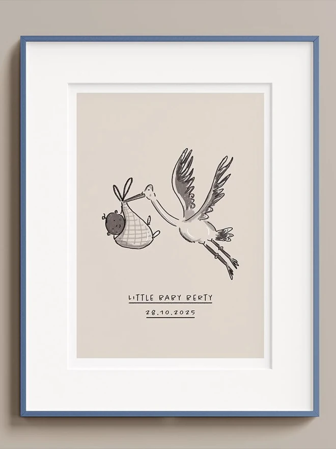 custom new baby illustration. a beige background with an illustrated stork carrying a baby.