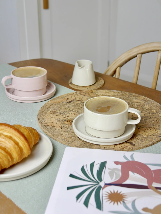 Ceramic Mug And Saucer Coffee Set (showing cream and blush pink)