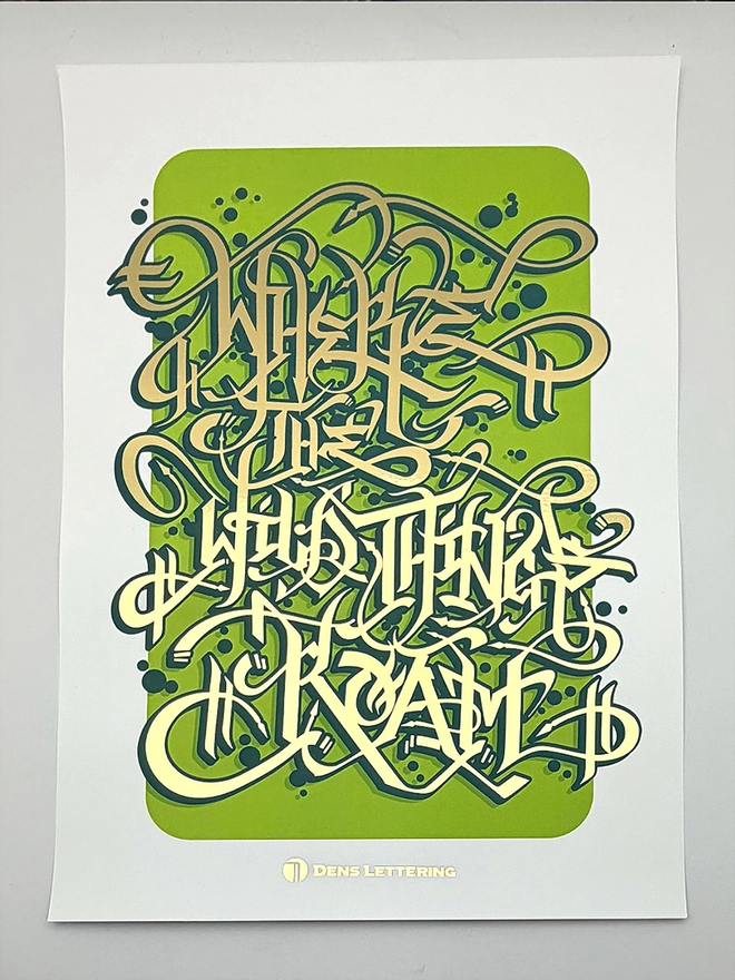 Green Graffiti Alphabet Metallic Gold Foil Print, against a white background. 