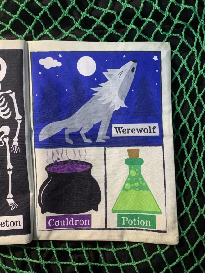 Halloween crinkly newspaper with a werewolf howling a cauldron and a green bottle of potion