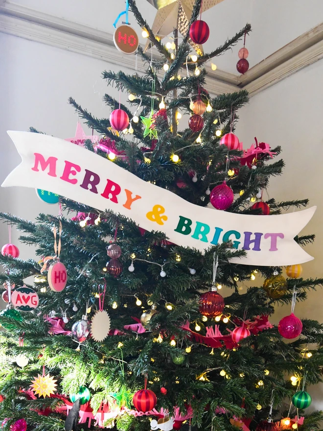 merry and bright christmas tree banner