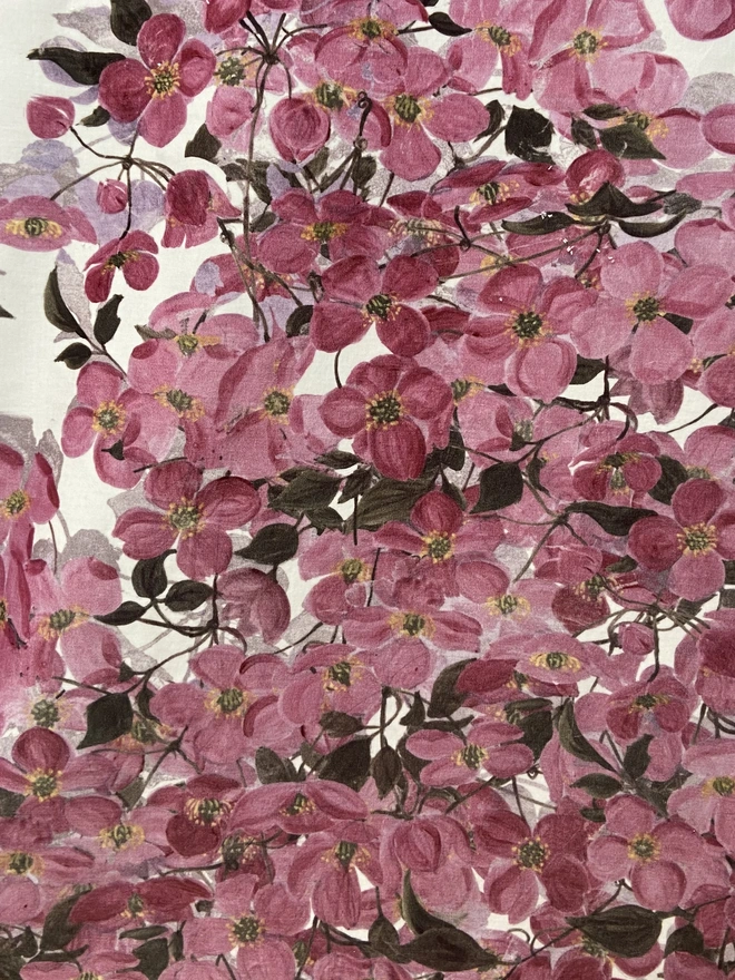 All over hand painted clematis flower tablecloth, perfect for a wedding or a summer party