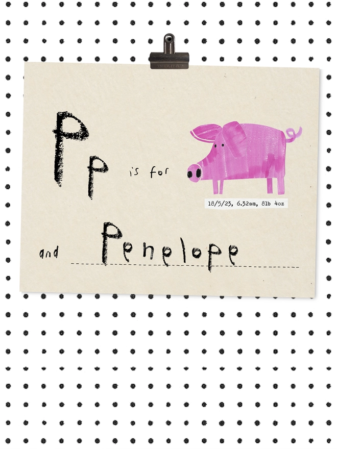 illustration on old paper of pink pig with handwritten P for Penelope