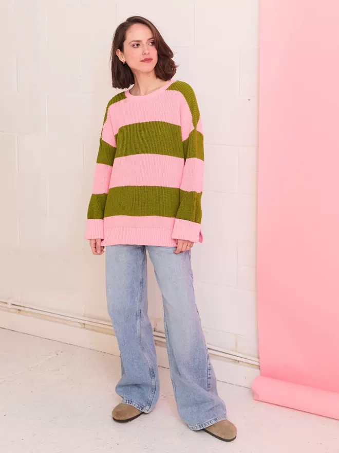 Rhiannon Recycled Cotton Mix Chunky Stripe Jumper - Pink - Full length