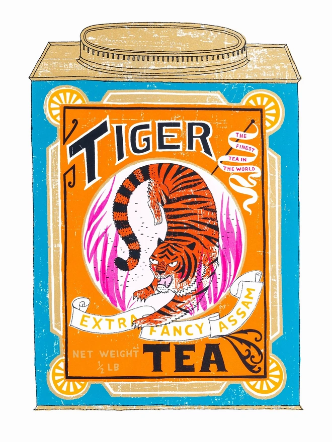 Tiger Tea Tin Fine And Fancy, a colourful tea design on a white screenprint. 