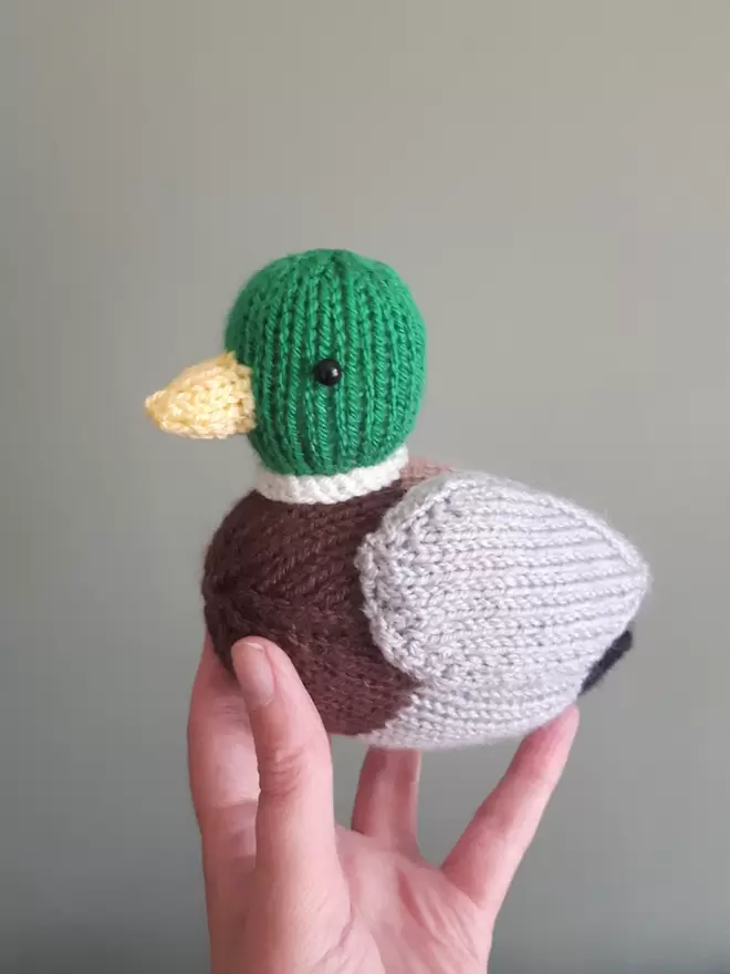 duck knitting kit mallard duck being held