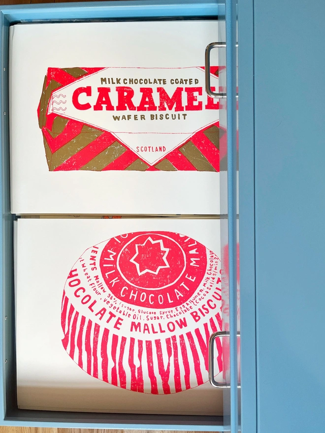 Tunnocks Caramel Biscuit Screenprint Quite Big Caramell, a colourful caramel biscuit screenprint placed above another biscuit screenprint. 