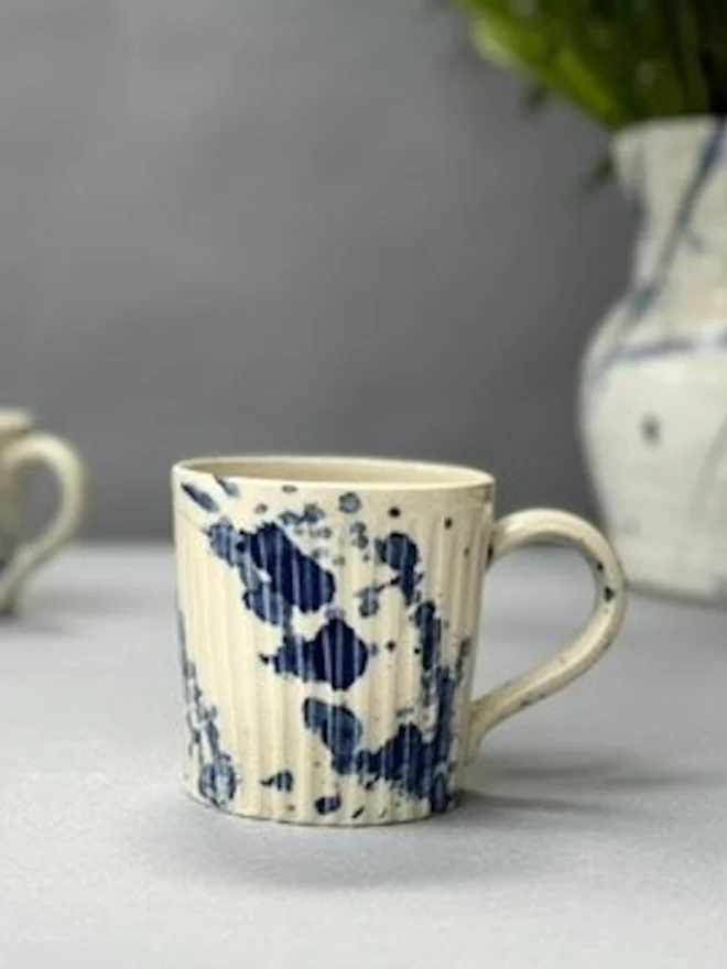 Fluted Mug With Cobalt Blue Splatter