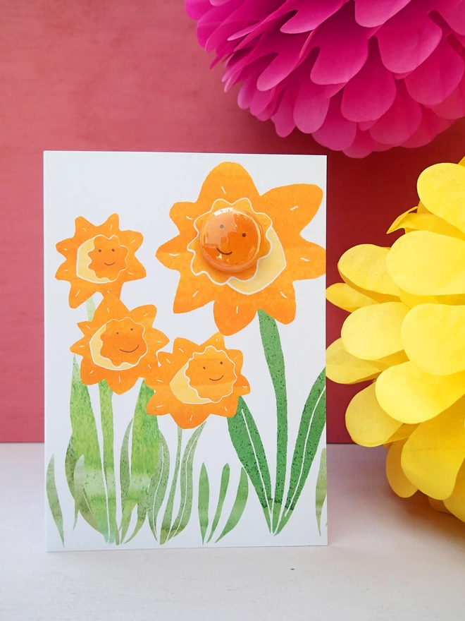 Happy Daffodils Greeting card with badge
