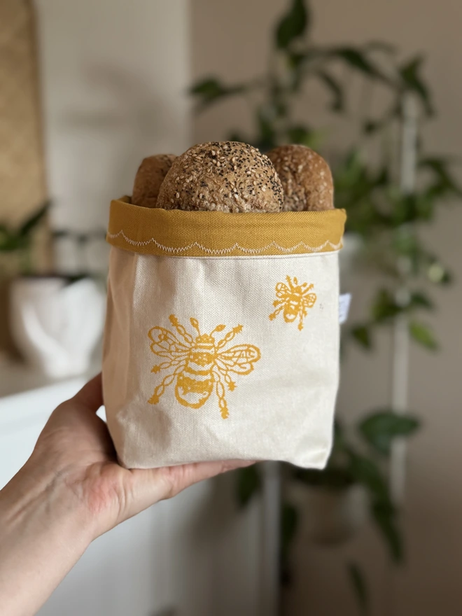 Bee Block Printed Fabric Bread Basket