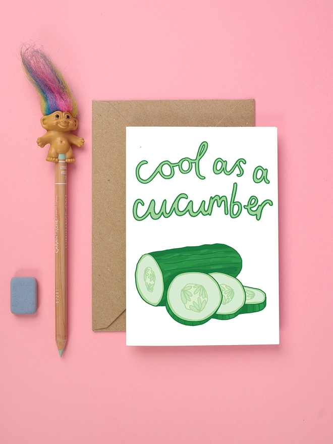 Bright and bold congratulations card featuring a cucumber 