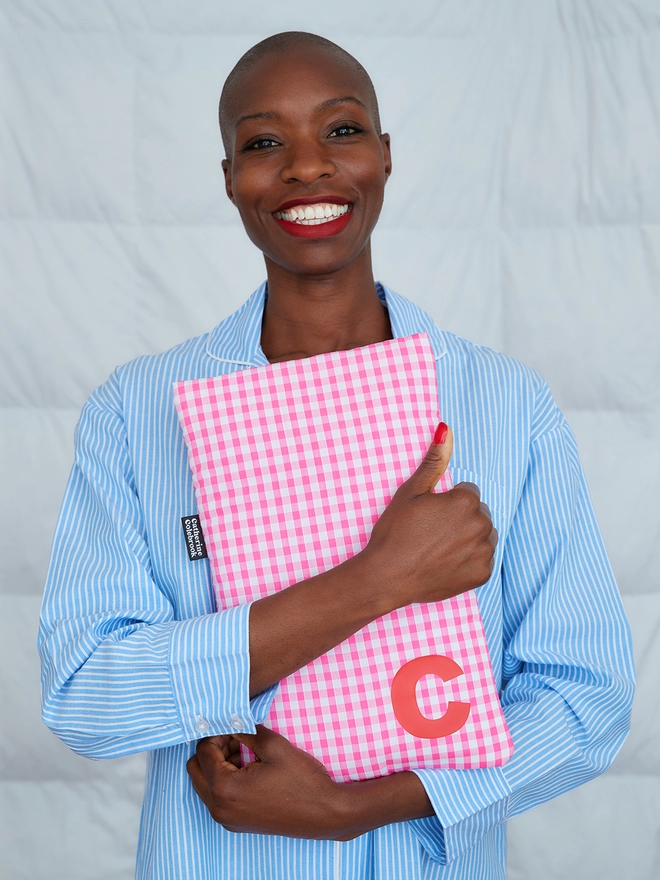 Pink Gingham Hot Water Bottle with red Initial