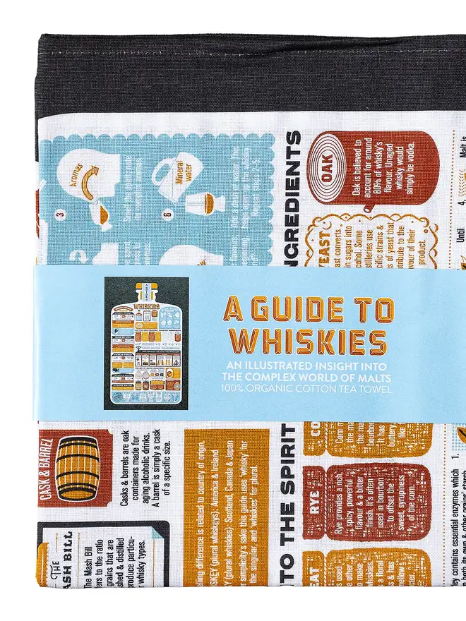 A Guide To Whiskies Tea Towel, close up. 