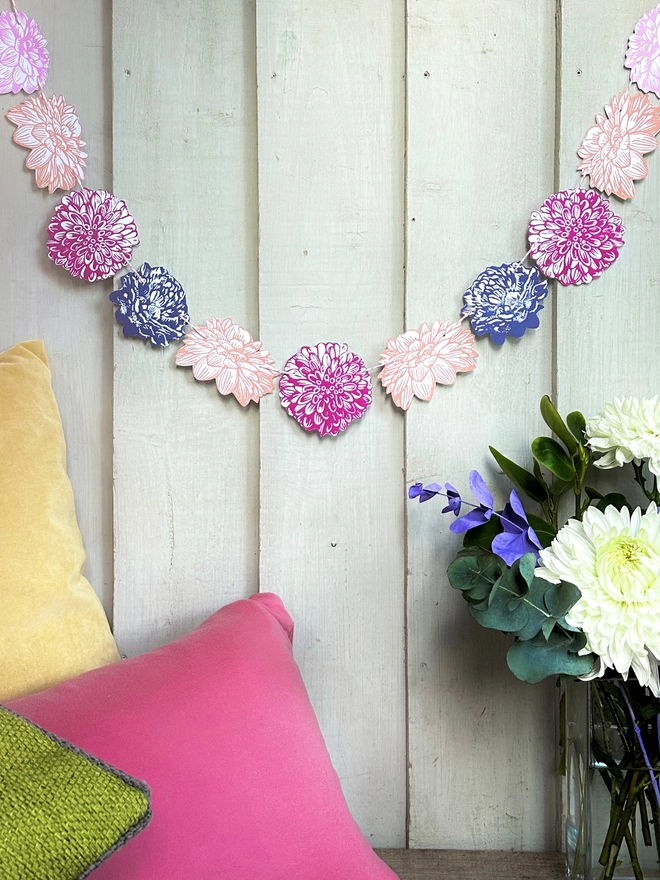 'Power Flower' Garland Hand Printed Linocut Spring Decor