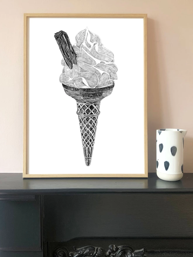 Art print of a hand drawn illustration  of a classic 99 ice cream cone displayed in a frame